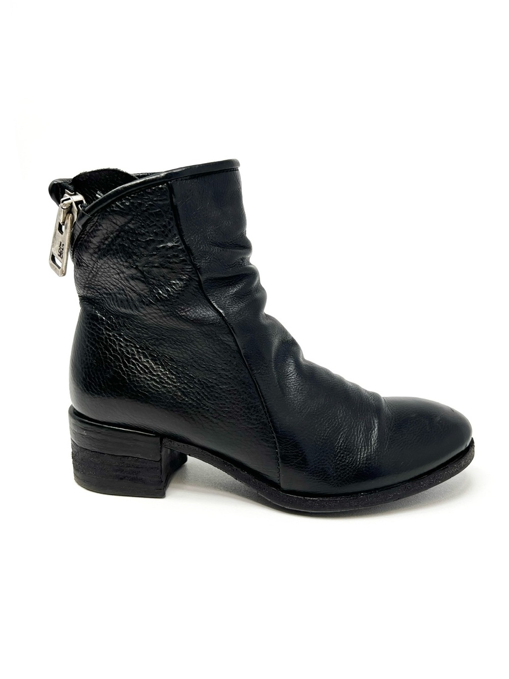A.S.98 Black Leather Ankle Boot Size 37/6.5-7 Slouch Asymmetric Zip Moto Biker